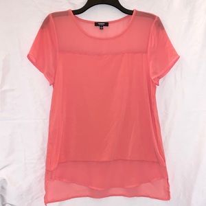 Like New PREMISE Coral Top Size Small sheer sleeve/shirt tail.